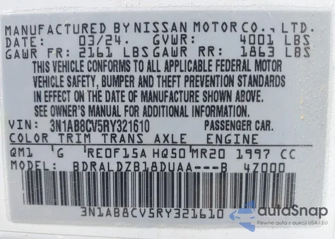 2024 Nissan Sentra Sv Xtronic Cvt z USA, uszkodzony, nr VIN 3N1AB8CV5RY321610